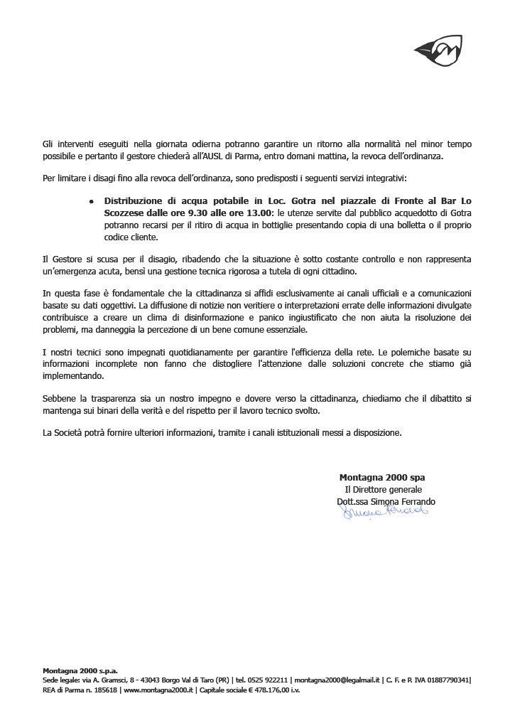 COMUNICATO SU AGGIORNAMENTI RELATIVI ALLA PRESENZA DI ALLUMINIO NELL’ACQUA DI RETE  E MISURE CAUTELATIVE
